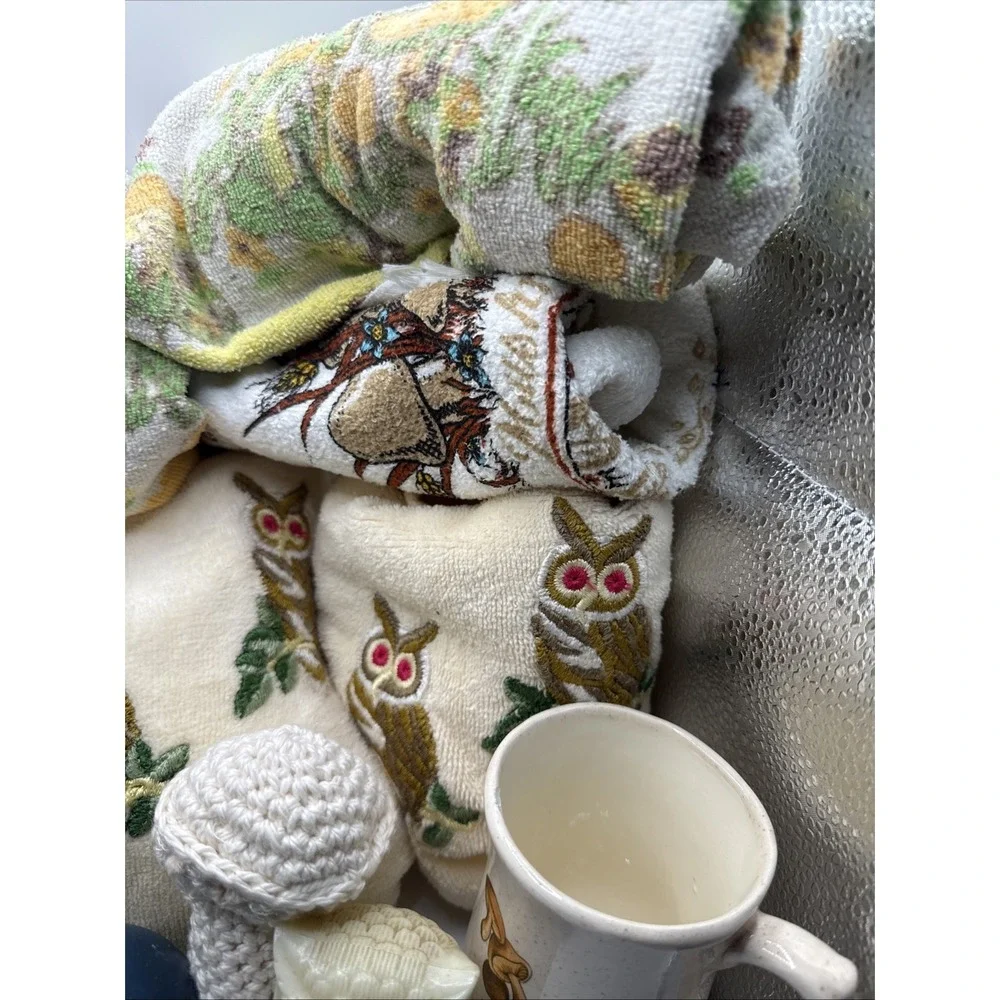 Vintage Lot Of Owls And Mushrooms, S&P, Towel, Cups, Picture